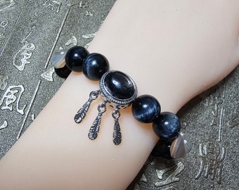 Blue Tiger Eye & Hypersthene Crystal Bracelet with 999 Silver