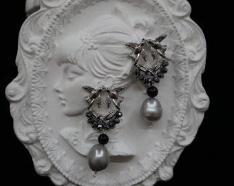 Dangling Pearl Earrings: Bird Accent, Grey Freshwater Pearl, Bridal Jewelry