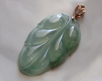 Burmese Jade Leaf Pendant: 18K Gold & Diamond, Olive Green
