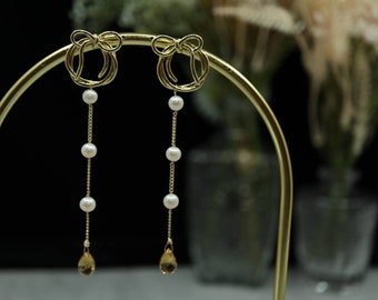 Bow Pearl Drop Earrings: Citrine, Smoky Quartz, Gold Plated