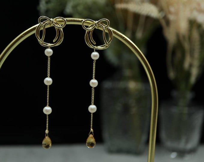 Featured listing image: Citrine Pearl Earrings, Smoky Quartz Pearl Earrings, Bow Earrings
