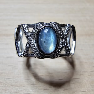 Labradorite Stone Ring: Vintage 925 Silver Plated, Adjustable