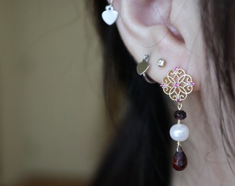 Vintage Pearl Garnet Dangle Earrings: Gold Plate Silver Post