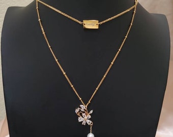 Gold Plated Peony Pendant with Bead Chain Necklace