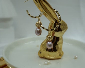 Vintage Freshwater Pearl Hoop Earrings: 24k Gold Plated