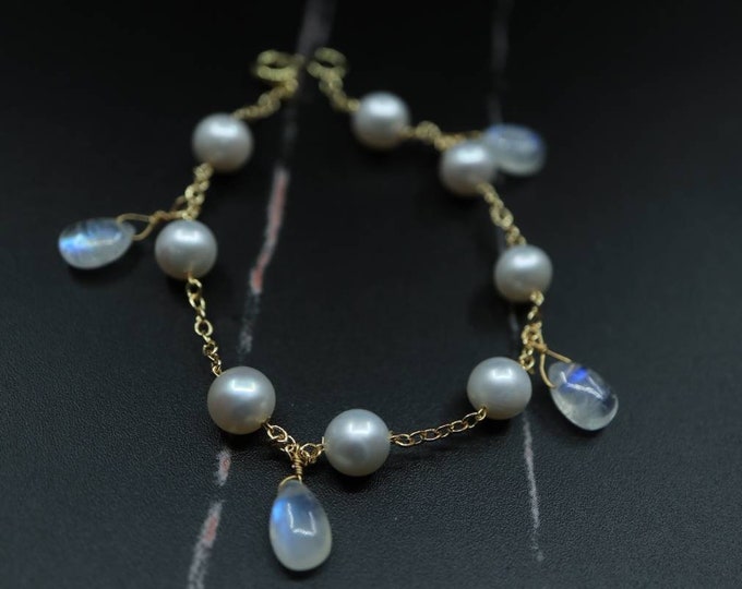 Featured listing image: Dainty Moonstone Bracelet, 14K Gold Plate Chain, Pearl Bracelet