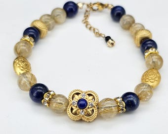 Gold Rutilated Quartz Lapis Crystal Beaded Bracelet, Vintage Style