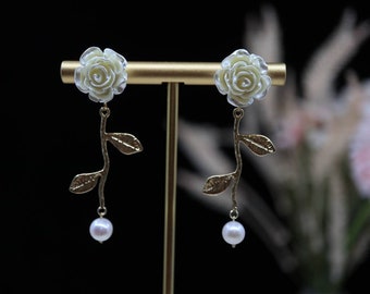 Rose Drop Earrings: Freshwater Pearl, Gold Plate Silver Needle