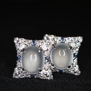 Jadeite Diamond Earrings: 18K White Gold, Blue Sapphire Studs