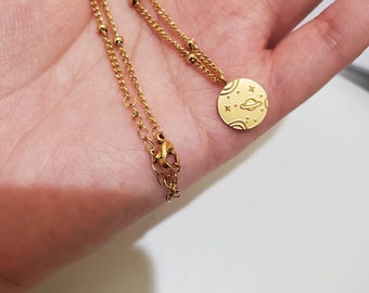 Gold Planet Pendant Necklace: Stainless Steel Celestial Jewelry