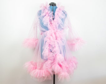 Pin-up Mini Tulle Robe, Ruffle Cape Sleeve, Glitter or Matte Skirt, Dress Burlesque Lingerie Sexy, Costume High Fashion Any Size Any Color