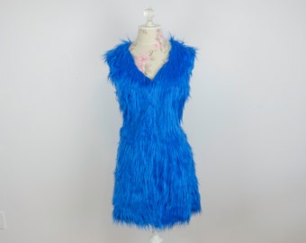 V-Neck Faux Fur Mod Dress, Sleeveless Neon Pastel Turtle Neck High Fashion Festival Garment Halloween Theater Costume, Any Size