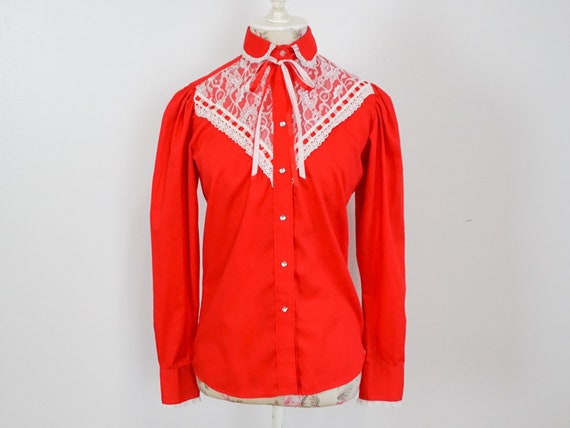 Red Western Shirt White Ribbon Lace 