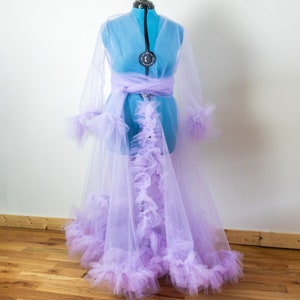 Custom Tulle Robe, Princess Ruffle Cape Sleeve, Sheer Tail Train Sash, Burlesque Lingerie Sexy, Costume High Fashion Garment, Any Size Color