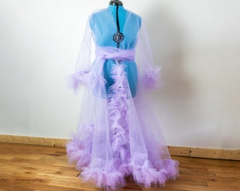 Custom Tulle Robe, Princess Ruffle Cape Sleeve, Sheer Tail Train Sash, Burlesque Lingerie Sexy, Costume High Fashion Garment, Any Size Color