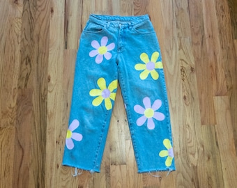 Painted Flower Jeans, Custom Order Floral Groovy Design on Denim Pants, Any Size Any Color