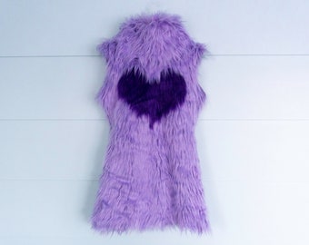 Cutie Hearts Faux Fur Mod Dress, Sleeveless Neon Pastel Shag Turtle Neck High Fashion Festival Garment Halloween Theater Kawaii Costume
