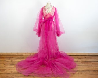 Fairytale Tulle Robe, Fairy Bishop Ruffle Sleeve, Sheer Dress Fairy Skirt Sash, Burlesque Lingerie Sexy, Costume Fashion, Any Size Color