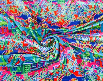 Neon Tropical Stretch Fabric, 90s Florescent Vibrant Colorful Blue Pink Green Groovy Island Beach Vacation Pattern, 64" x 36" 2 yards