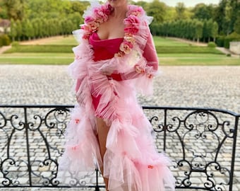 Courtesan Tulle Robe Flower Ruffle Collar Courtesan Princess Dress Fairy Halloween Flowing Costume Halloween Lingerie Skirt Any Size Color