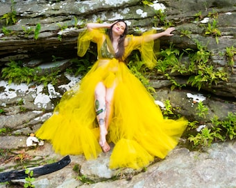 Thumbelina Tulle Robe, Ruffle Bell Sleeve, Sheer Fairy Dress Skirt Sash, Burlesque Lingerie Sexy, Costume Fashion Garment, Any Size Color