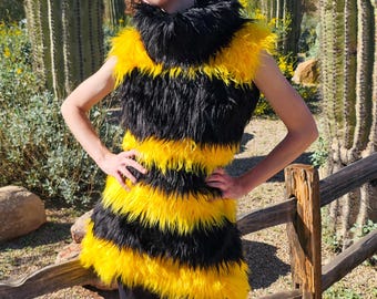 Bumble Bee Dress, Faux Fur, Queen Bee Fuzzy Two Tone Yellow Black Stripes Turtle Neck Halloween Costume High Fashion Drag Garment, Any Size