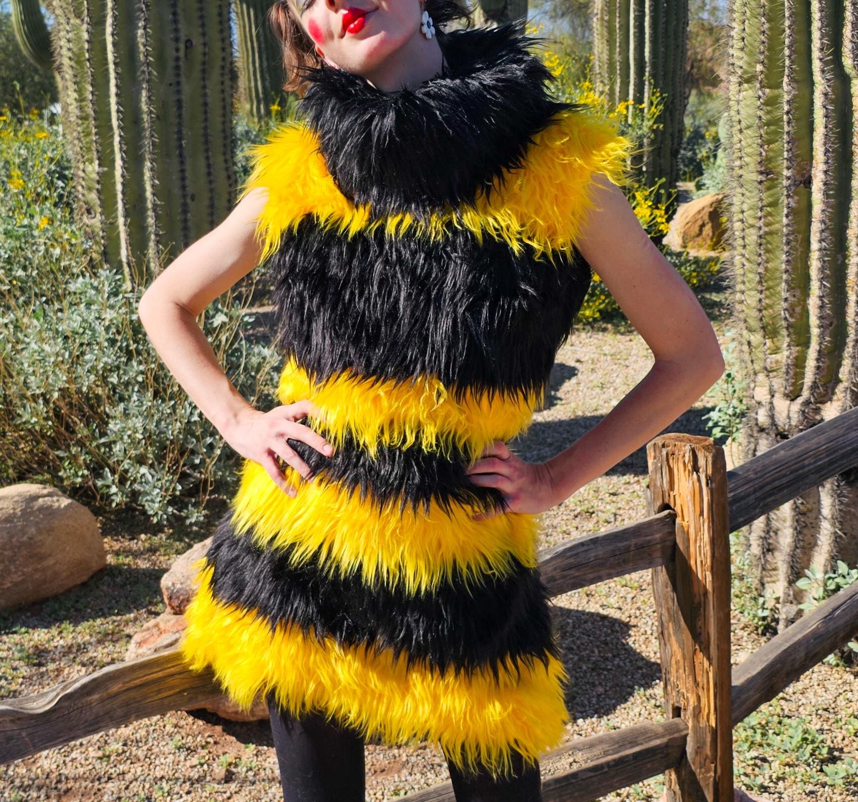 Bumble Bee Dress, Faux Fur, Queen Bee Fuzzy Two Tone Yellow Black