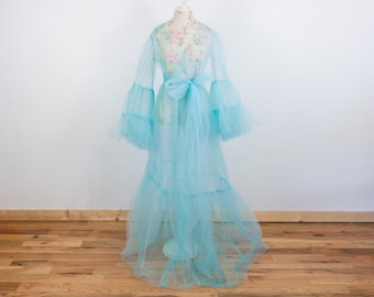 Ophelia Tulle Robe, Belle Ruffle Bell Sleeve Dress, Sheer Fairy Skirt Sash, Burlesque Lingerie Sexy, Costume Fashion Garment, Any Size Color