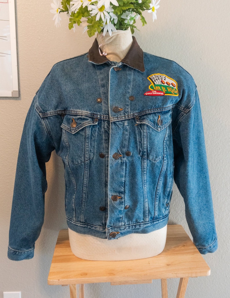 Size Medium M Jean Leather Collar Painted Denim Jacket Neon Pink Green Dealer/'s Choice Poker Art