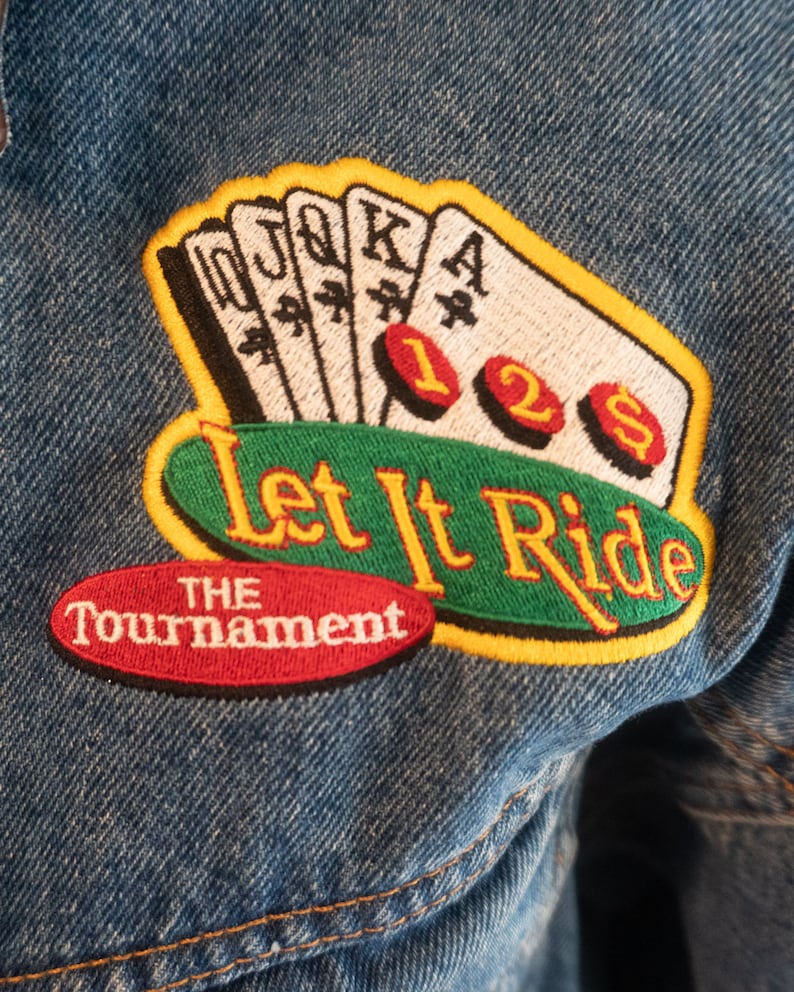 Size Medium M Jean Leather Collar Painted Denim Jacket Neon Pink Green Dealer/'s Choice Poker Art