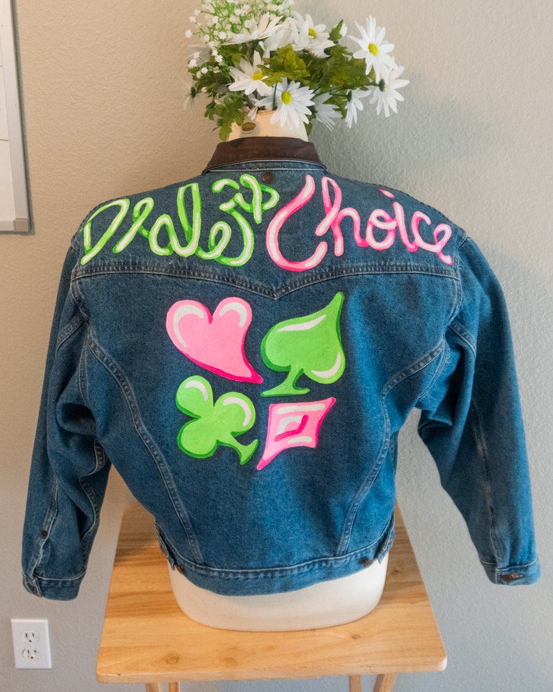 Size Medium M Jean Leather Collar Painted Denim Jacket Neon Pink Green Dealer/'s Choice Poker Art