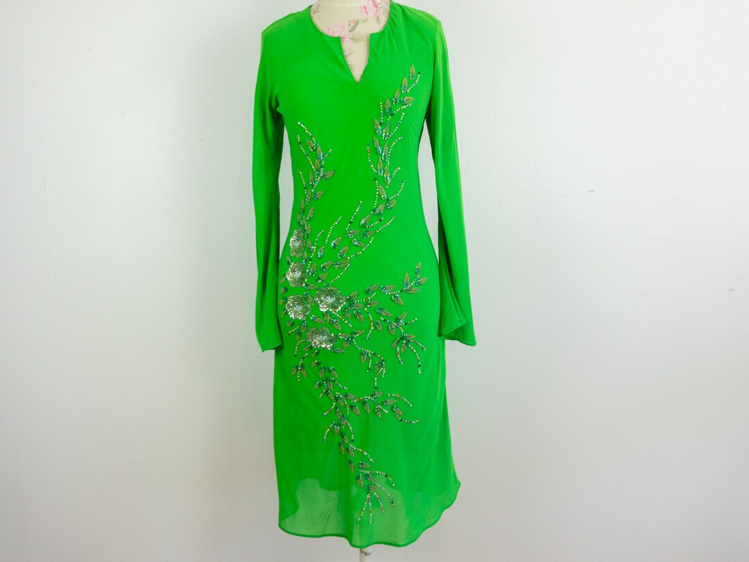 Beaded Green Dress Long Sleeve Elegant Beads Glitter Kelly Etsy