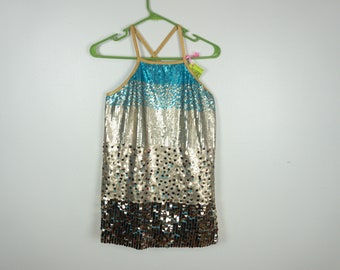 Blue Sequin Dress Dance Romper Shorts Gold 1920s 20s Inspired Flapper Halloween 90s Glitz Costume Ice Skating Gymnastics Size 6 8 Medium