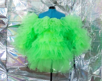 Custom Tulle Dress, MiniDress Spandex Dance Mini Ruffle, Long Sleeve Off Shoulder, Festival Costume Sexy, Fashion Garment, Any Size Color