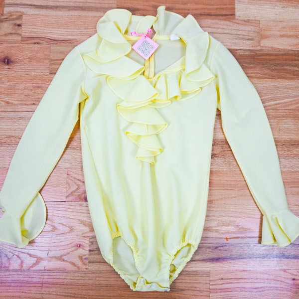 Yellow Dance Leotard Fashion Ruffle Blouse Onesie 1970s 70s Pastel V Neck Long Sleeve Costume Disco 80s 1980s Size 0 2 4 XS S EXTRA SMALL