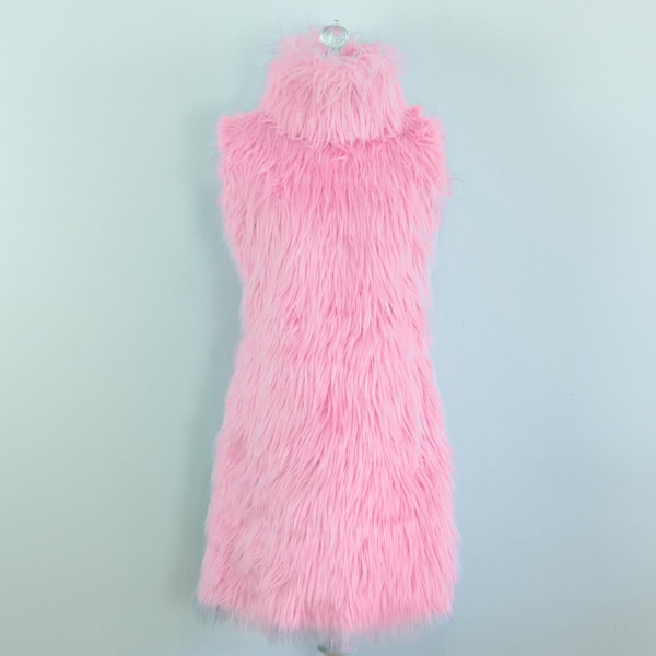 Custom Faux Fur Mod Dress, Sleeveless Neon Pastel Shag Turtle Neck High Fashion Festival Garment Halloween Theater Animal Costume, Any Size