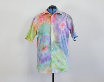 Custom Hand-Dyed Shirt, Colorful Rainbow Tie-dye Long Short Sleeve Collared. Button-up, One Size Any Size