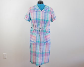 Pastel Plaid Dress, Blue Purple Pink Housewife Halloween Costume House Short Sleeve Collared Zipper Belt Tie Knee Length, Size Large L 12 14