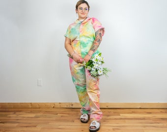 Custom Tie-dye Jumpsuit Coverall Colorful Rainbow Short Sleeve Pants Collared Zipper Pockets Festival Inclusive Plus Any Size