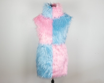 Custom Faux Fur Mod Dress, Two Tone Checker Pastel Turtle Neck Halloween Costume High Fashion Drag Garment, Any Size