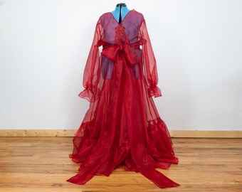 Femme Fatale Organza Robe, Boudoir Dress Bishop Ruffle Sleeve, Sheer Skirt Sash, Burlesque Lingerie Sexy, Costume Garment, Any Size Color