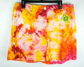 Tie Dye Jean Shorts Orange Peach Red Pink Pastel Yellow Beach Hippies Groovy Unisex Festival Upcycled Denim Jeans Cotton Size 12 14 Large L