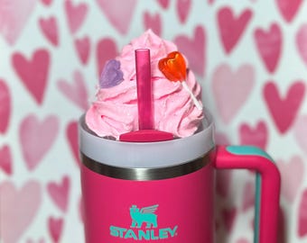40oz Stanley Accessory Topper - Faux Pink Valentines Day Whipped Cream Stanley Topper with Faux Heart Suckers