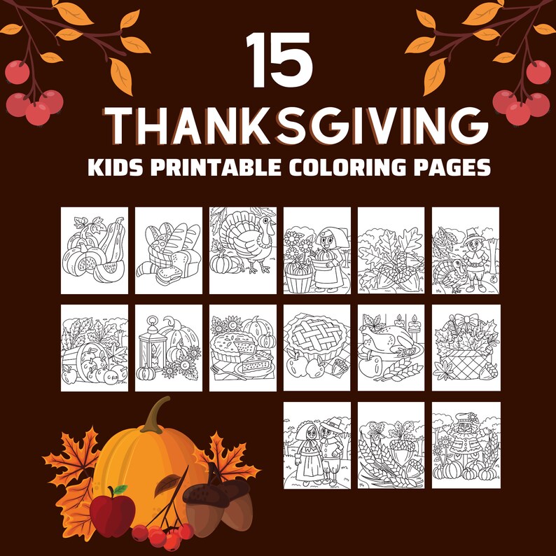 15 Thanksgiving Printable Coloring Pages Kid's Activity - Etsy