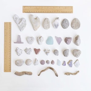 May include: An assortment of natural objects, including various stones, sea glass, and driftwood, arranged on a white surface. A wooden ruler is placed at the top and side for scale. The collection features a range of colors and textures.