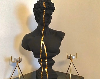 Large David Sculpture Statue, David Bust Statue, Bust, Black Sculpture Gold Strip, Roman Sculpture Statues, Greek Bust Statue