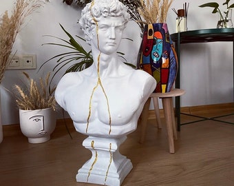 Handmade David Bust Statue: White Sculpture with Gold Strips (22 Inches)