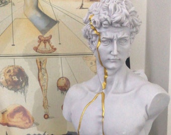 Large David Sculpture Statue, 17 Inches David Bust Statue, Bust, White Sculpture Gold Strip, Roman Sculpture Statues, Greek Bust Statue