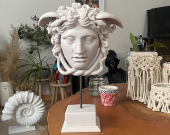 Medusa Head Statue on Base Greek Mythology Sculpture Antique Marble Bust for Home Decor 30 cm / 11.8 Inches