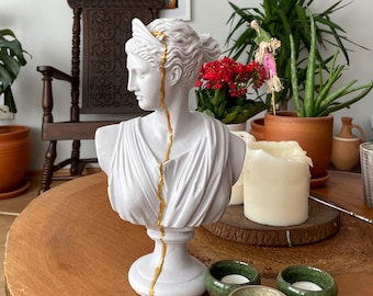 Large Artemis Sculpture Statue, Artemis Bust Statue, Bust,White and gold Sculpture  , Roman Sculpture Statues, Greek Bust Statue